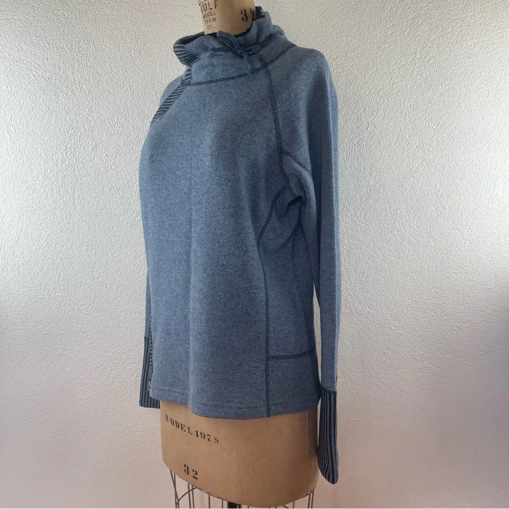 PrAna l M Lucia Wool Blend Funnel Neck Stripe Wood Buttons Knit Pullover Sweater
